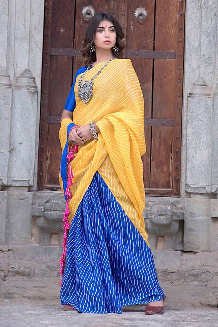 Shop_The Home Affair_Blue Kota Doria Tassels Leheriya Saree With Unstitched Blouse _Online_at_Aza_Fashions