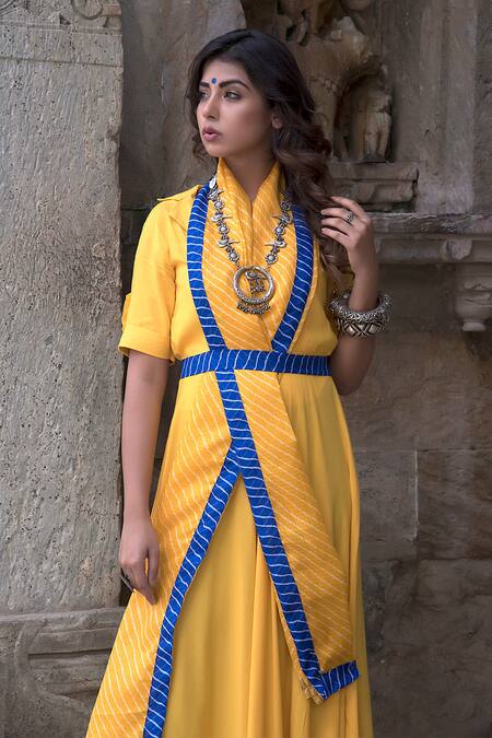 Shop_The Home Affair_Yellow Kota Doria Collared Plain Anarkali With Dupatta And Belt _Online_at_Aza_Fashions
