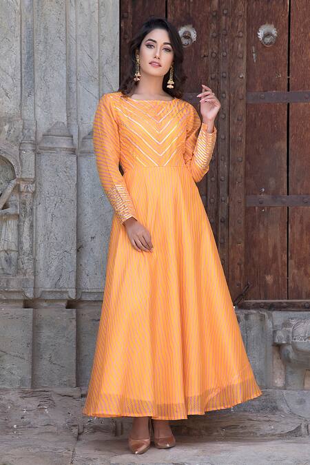 The Home Affair_Yellow Kota Doria Patti, Embroidery Lines Embellished Leheriya Anarkali _Online_at_Aza_Fashions