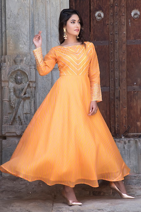 Buy_The Home Affair_Yellow Kota Doria Patti, Embroidery Lines Embellished Leheriya Anarkali _Online_at_Aza_Fashions