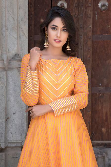 Shop_The Home Affair_Yellow Kota Doria Patti, Embroidery Lines Embellished Leheriya Anarkali _Online_at_Aza_Fashions