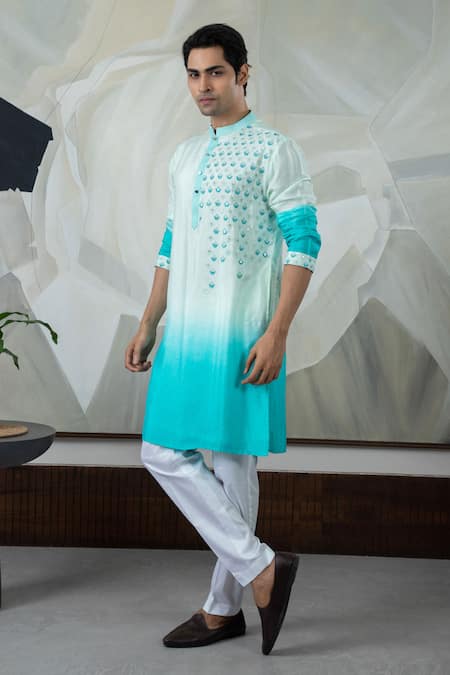 Buy_Smriti By Anju Agarwal_Blue Silk, Cotton Embroidery Placement Kurta Set _Online_at_Aza_Fashions