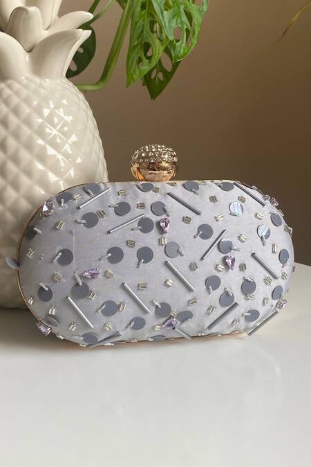 Stitched soles Grey Embellishments Oval Shaped Clutch 