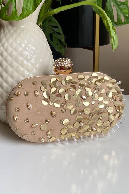 Stitched soles Gold Embellishments Oval Shaped Sequin Clutch 