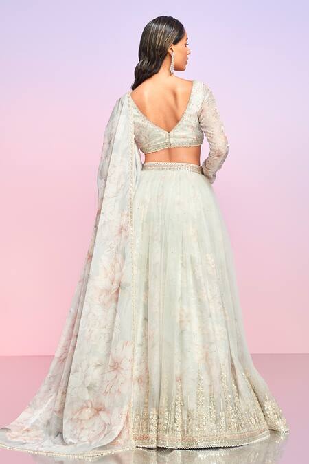 Shop Lashkaraa Gray Silk, Satin Stones, Embroidery V-neck Floral Bloom Print Grey Lehenga Set at Aza Fashions Shop_Lashkaraa_Gray Silk, Satin Stones, Embroidery V-neck Floral Bloom Print Grey Lehenga Set_at_Aza_Fashions