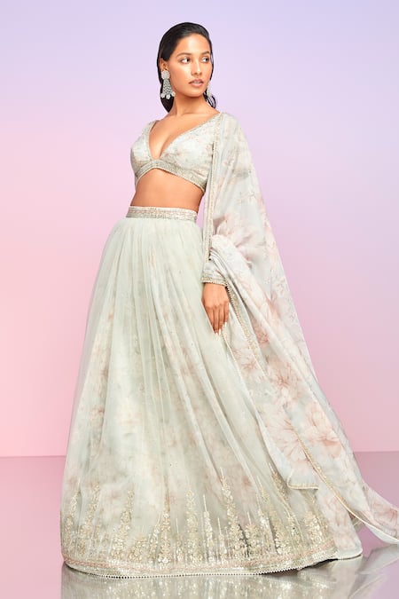 Lashkaraa Gray Silk, Satin Stones, Embroidery V-neck Floral Bloom Print Grey Lehenga Set Online at Aza Fashions Lashkaraa_Gray Silk, Satin Stones, Embroidery V-neck Floral Bloom Print Grey Lehenga Set_Online_at_Aza_Fashions