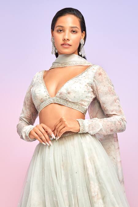 Buy Lashkaraa Gray Silk, Satin Stones, Embroidery V-neck Floral Bloom Print Grey Lehenga Set Online at Aza Fashions Buy_Lashkaraa_Gray Silk, Satin Stones, Embroidery V-neck Floral Bloom Print Grey Lehenga Set_Online_at_Aza_Fashions