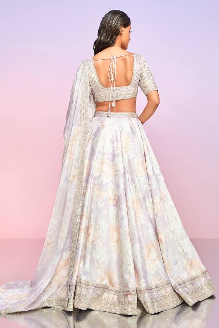 Shop Lashkaraa Purple Silk, Net, Satin Sequins, Stones, Floral Print Embroidered Lehenga Set at Aza Fashions Shop_Lashkaraa_Purple Silk, Net, Satin Sequins, Stones, Floral Print Embroidered Lehenga Set_at_Aza_Fashions