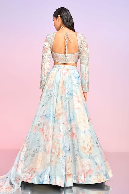 Lashkaraa_Blue Tabby Silk Print Floral Square Neck Vintage Bloom Lehenga Set _Online_at_Aza_Fashions
