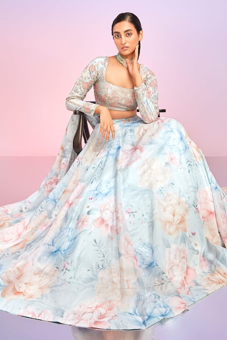 Buy_Lashkaraa_Blue Tabby Silk Print Floral Square Neck Vintage Bloom Lehenga Set _Online_at_Aza_Fashions