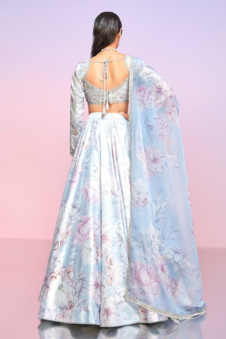 Lashkaraa_Blue Silk Print Floral Sweetheart Neck Lehenga Set _Online_at_Aza_Fashions