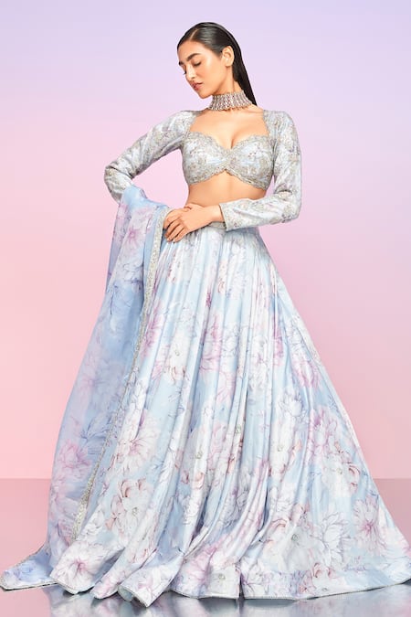 Buy_Lashkaraa_Blue Silk Print Floral Sweetheart Neck Lehenga Set _Online_at_Aza_Fashions