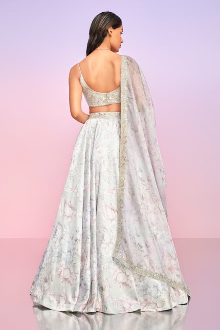 Lashkaraa Purple Silk, Net Sequins, Beads Scoop Neck Floral Bloom Print Lehenga Set Online at Aza Fashions Lashkaraa_Purple Silk, Net Sequins, Beads Scoop Neck Floral Bloom Print Lehenga Set _Online_at_Aza_Fashions