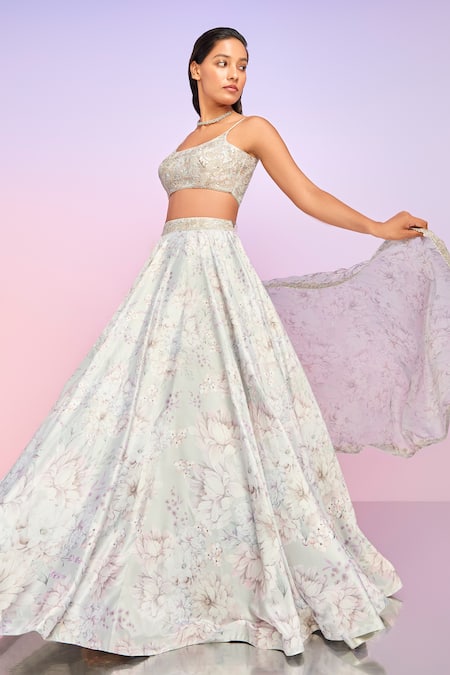 Buy Lashkaraa Purple Silk, Net Sequins, Beads Scoop Neck Floral Bloom Print Lehenga Set Online at Aza Fashions Buy_Lashkaraa_Purple Silk, Net Sequins, Beads Scoop Neck Floral Bloom Print Lehenga Set _Online_at_Aza_Fashions