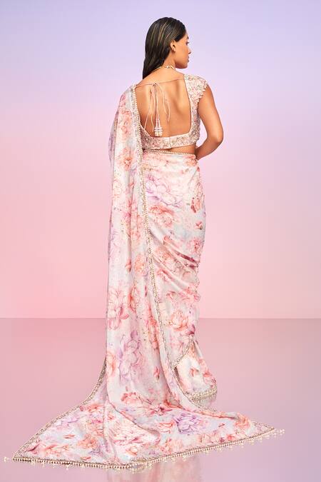 Shop Lashkaraa Pink Silk, Satin Beads, Sequins, Bloom Print Pre-draped Saree And Blouse Set at Aza Fashions Shop_Lashkaraa_Pink Silk, Satin Beads, Sequins, Bloom Print Pre-draped Saree And Blouse Set_at_Aza_Fashions