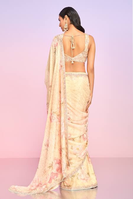 Shop Lashkaraa Yellow Net, Satin, Silk Floret Print Pre-draped Saree And Embroidered Blouse at Aza Fashions Shop_Lashkaraa_Yellow Net, Satin, Silk Floret Print Pre-draped Saree And Embroidered Blouse_at_Aza_Fashions