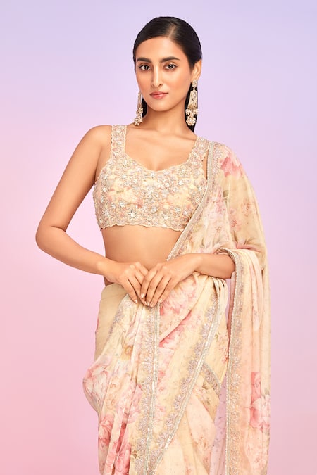 Buy Lashkaraa Yellow Net, Satin, Silk Floret Print Pre-draped Saree And Embroidered Blouse Online at Aza Fashions Buy_Lashkaraa_Yellow Net, Satin, Silk Floret Print Pre-draped Saree And Embroidered Blouse_Online_at_Aza_Fashions