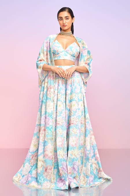 Lashkaraa Blue Georgette Sequins, Stones, Pearls V-neck, Bloom Print Jacket Sharara Set