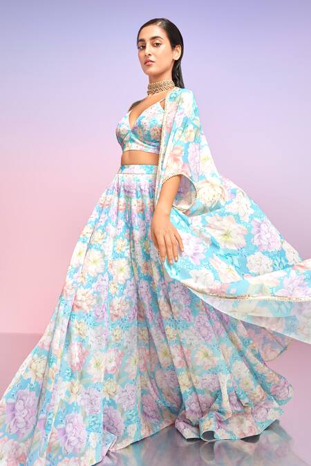 Lashkaraa Blue Georgette Sequins, Stones, Pearls V-neck, Bloom Print Jacket Sharara Set Online at Aza Fashions Lashkaraa_Blue Georgette Sequins, Stones, Pearls V-neck, Bloom Print Jacket Sharara Set_Online_at_Aza_Fashions