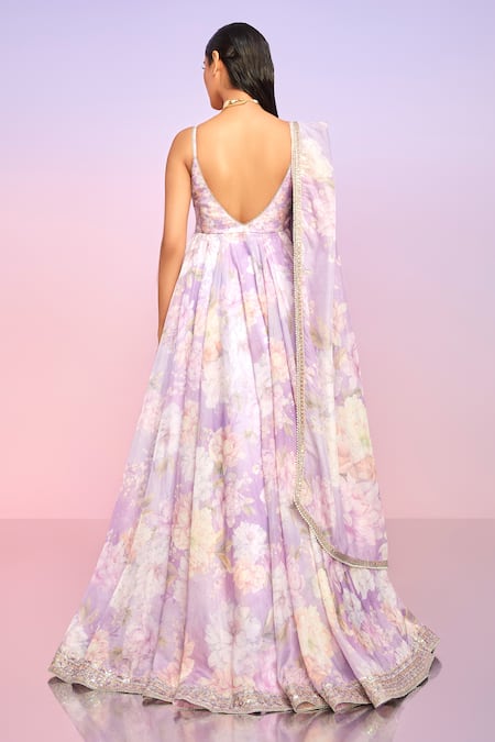 Lashkaraa_Purple Tabby Silk Printed And Embroidered Botanical Deep Round Anarkali Set _Online_at_Aza_Fashions