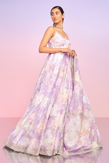 Buy_Lashkaraa_Purple Tabby Silk Printed And Embroidered Botanical Deep Round Anarkali Set _Online_at_Aza_Fashions