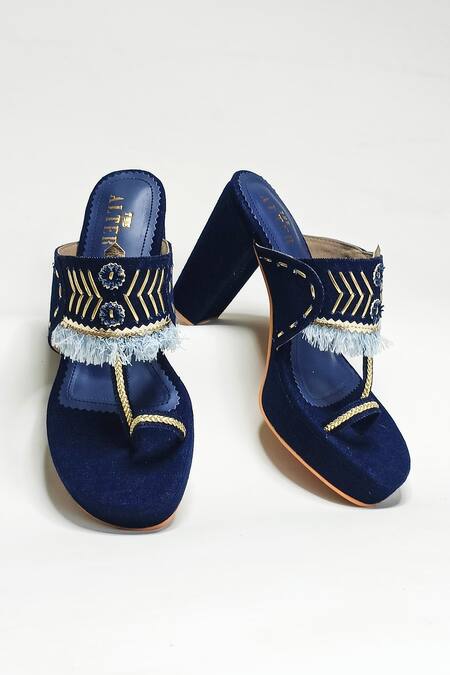 The Alter_Blue Beads, Tassels Kolhapuri Embroidered Strap Heels _Online_at_Aza_Fashions