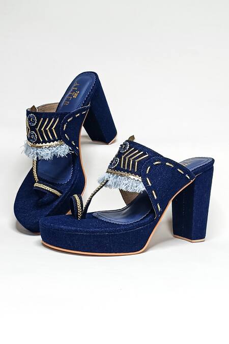 Buy_The Alter_Blue Beads, Tassels Kolhapuri Embroidered Strap Heels _Online_at_Aza_Fashions