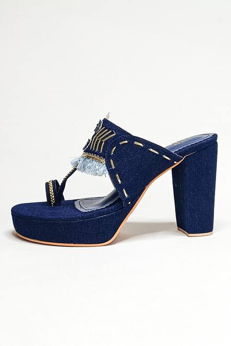 Shop_The Alter_Blue Beads, Tassels Kolhapuri Embroidered Strap Heels _Online_at_Aza_Fashions