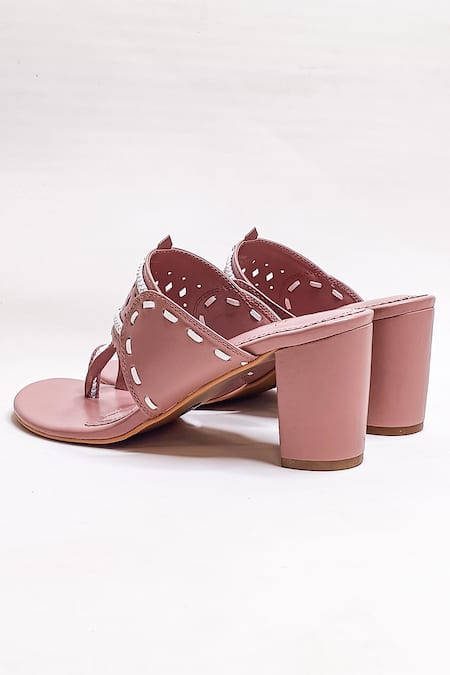 The Alter_Pink Cut Work Kolhapuri Cut-work Strap Block Heels _at_Aza_Fashions