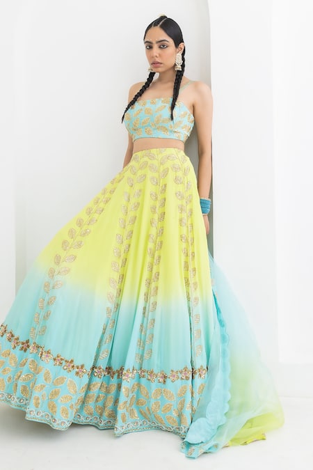 Shop Pooja Rajgarhia Gupta Blue Crepe, Organza Embroidery, Sequins Square Champa Leaf Ombre Lehenga Set at Aza Fashions Shop_Pooja Rajgarhia Gupta_Blue Crepe, Organza Embroidery, Sequins Square Champa Leaf Ombre Lehenga Set _at_Aza_Fashions