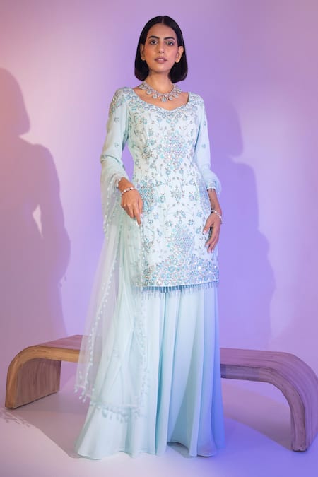 MeenaGurnam Sequin Floral Embroidered Kurta Sharara Set 