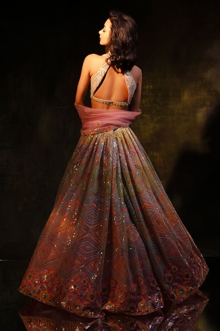 Shop Meenagurnam Pink Net Sequins, Crystals, Embroidery V-neck Geometric Lehenga Set at Aza Fashions Shop_Meenagurnam_Pink Net Sequins, Crystals, Embroidery V-neck Geometric Lehenga Set _at_Aza_Fashions