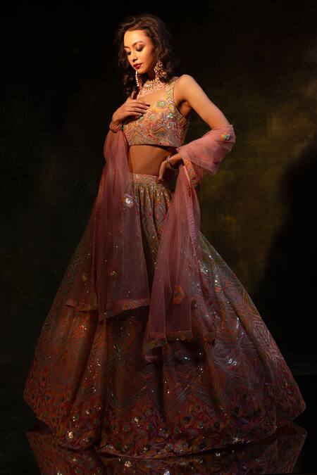 Meenagurnam Pink Net Sequins, Crystals, Embroidery V-neck Geometric Lehenga Set Online at Aza Fashions Meenagurnam_Pink Net Sequins, Crystals, Embroidery V-neck Geometric Lehenga Set _Online_at_Aza_Fashions
