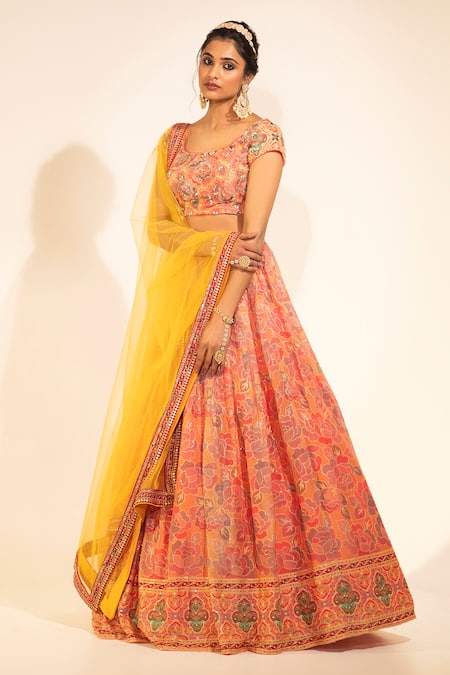 Shop Meenagurnam Peach Printed Georgette Embroidered Thread Floral Blossom Lehenga Set at Aza Fashions Shop_Meenagurnam_Peach Printed Georgette Embroidered Thread Floral Blossom Lehenga Set _at_Aza_Fashions