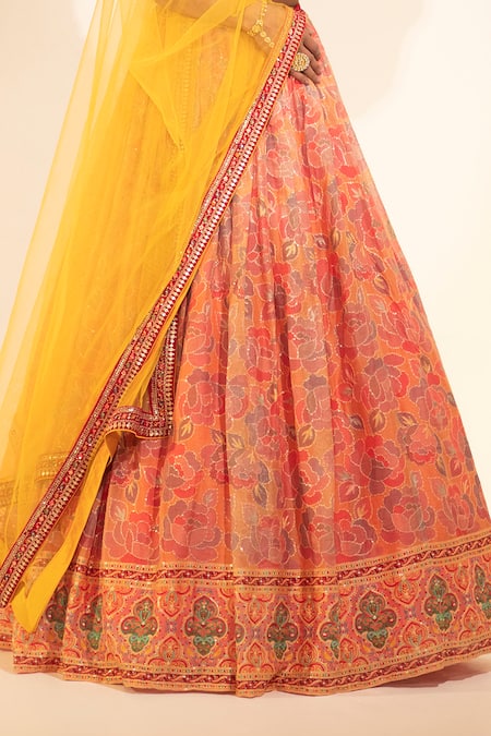 Buy Meenagurnam Peach Printed Georgette Embroidered Thread Floral Blossom Lehenga Set Online at Aza Fashions Buy_Meenagurnam_Peach Printed Georgette Embroidered Thread Floral Blossom Lehenga Set _Online_at_Aza_Fashions