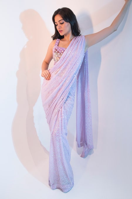 Shop Meenagurnam Purple Georgette Embroidery Sequin Embellished Saree With Blouse at Aza Fashions Shop_Meenagurnam_Purple Georgette Embroidery Sequin Embellished Saree With Blouse _at_Aza_Fashions