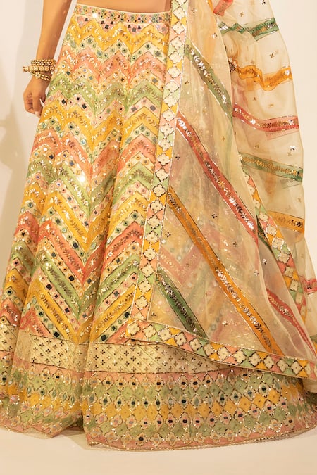 Meenagurnam Multi Color Handpainted Zarkan Mirrorwork Embellished Lehenga Set Online at Aza Fashions Meenagurnam_Multi Color Handpainted Zarkan Mirrorwork Embellished Lehenga Set _Online_at_Aza_Fashions