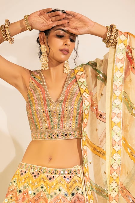 Buy Meenagurnam Multi Color Handpainted Zarkan Mirrorwork Embellished Lehenga Set Online at Aza Fashions Buy_Meenagurnam_Multi Color Handpainted Zarkan Mirrorwork Embellished Lehenga Set _Online_at_Aza_Fashions
