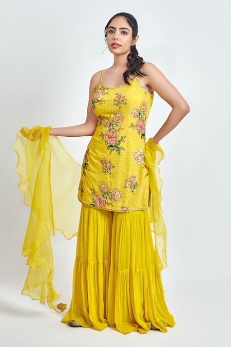 MeenaGurnam Yellow Printed Georgette Embroidered Thread Round Floral Kurta Sharara Set 