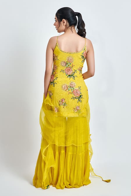Shop Meenagurnam Yellow Georgette Embroidery, Sequins Round Neck Floral Print Kurta Sharara Set at Aza Fashions Shop_Meenagurnam_Yellow Georgette Embroidery, Sequins Round Neck Floral Print Kurta Sharara Set _at_Aza_Fashions