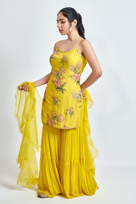 Meenagurnam Yellow Georgette Embroidery, Sequins Round Neck Floral Print Kurta Sharara Set Online at Aza Fashions Meenagurnam_Yellow Georgette Embroidery, Sequins Round Neck Floral Print Kurta Sharara Set _Online_at_Aza_Fashions