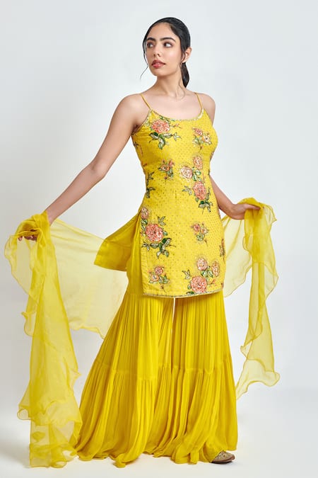 Buy Meenagurnam Yellow Georgette Embroidery, Sequins Round Neck Floral Print Kurta Sharara Set Online at Aza Fashions Buy_Meenagurnam_Yellow Georgette Embroidery, Sequins Round Neck Floral Print Kurta Sharara Set _Online_at_Aza_Fashions