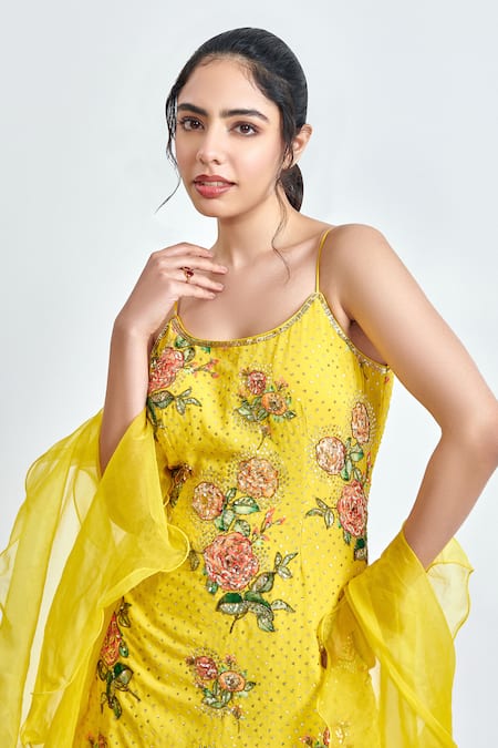 Shop Meenagurnam Yellow Georgette Embroidery, Sequins Round Neck Floral Print Kurta Sharara Set Online at Aza Fashions Shop_Meenagurnam_Yellow Georgette Embroidery, Sequins Round Neck Floral Print Kurta Sharara Set _Online_at_Aza_Fashions