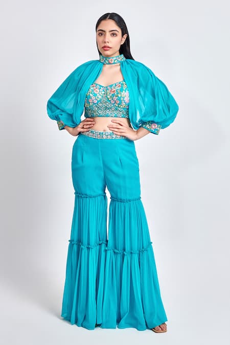 Meenagurnam Blue Georgette Embroidered Thread Cape Band Collar Blouse Set 