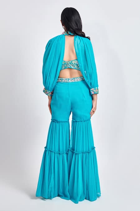 Shop Meenagurnam Blue Georgette Embroidered Thread Cape Band Collar Blouse Set at Aza Fashions Shop_Meenagurnam_Blue Georgette Embroidered Thread Cape Band Collar Blouse Set _at_Aza_Fashions