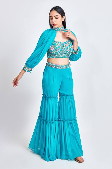 Buy Meenagurnam Blue Georgette Embroidered Thread Cape Band Collar Blouse Set Online at Aza Fashions Buy_Meenagurnam_Blue Georgette Embroidered Thread Cape Band Collar Blouse Set _Online_at_Aza_Fashions