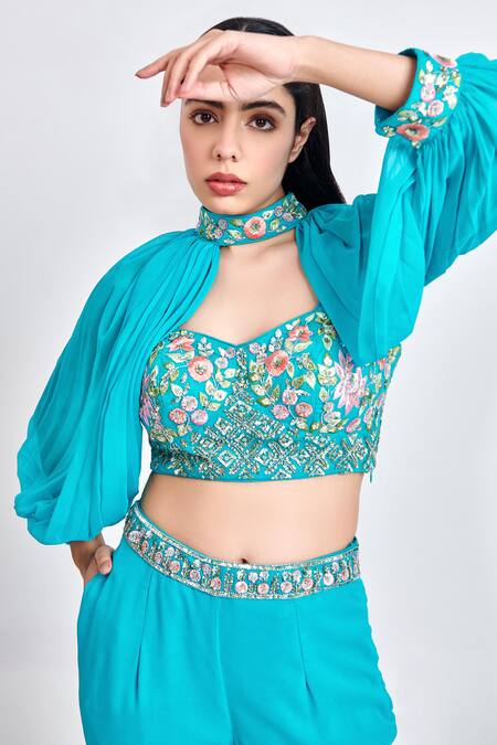Shop Meenagurnam Blue Georgette Embroidered Thread Cape Band Collar Blouse Set Online at Aza Fashions Shop_Meenagurnam_Blue Georgette Embroidered Thread Cape Band Collar Blouse Set _Online_at_Aza_Fashions