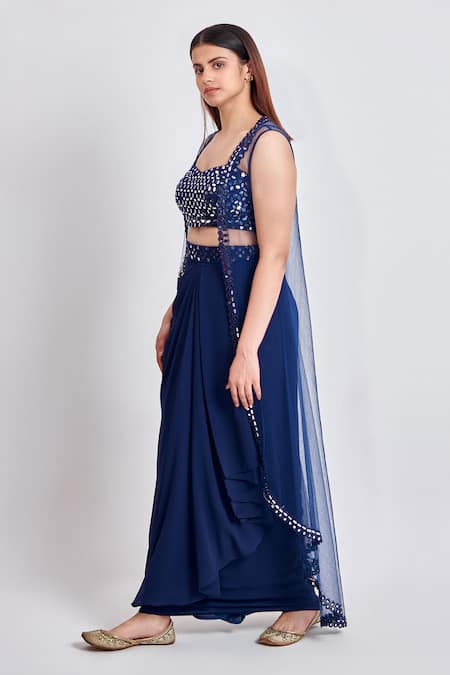 Buy Meenagurnam Blue Net, Georgette Mirrors, Mirrorwork Embellished Blouse Draped Skirt Set Online at Aza Fashions Buy_Meenagurnam_Blue Net, Georgette Mirrors, Mirrorwork Embellished Blouse Draped Skirt Set _Online_at_Aza_Fashions
