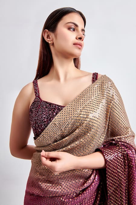 Meenagurnam_Wine Georgette Sequins, Crystals, Embroidery Embellished Ombre Saree With Blouse _Online_at_Aza_Fashions