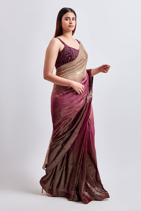 Buy_Meenagurnam_Wine Georgette Sequins, Crystals, Embroidery Embellished Ombre Saree With Blouse _Online_at_Aza_Fashions
